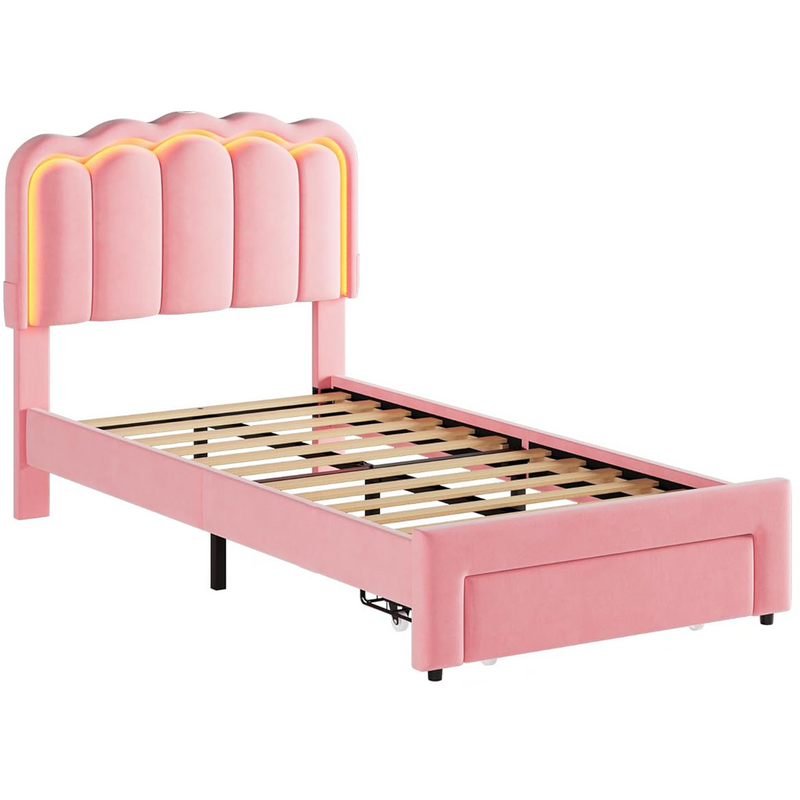 Advwin King Single LED Velvet Bed Frame Pink