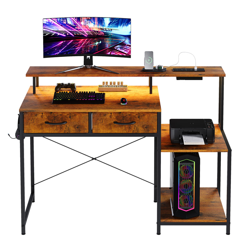 Advwin Gaming Desk with LED Lights Printer Storage Shelf