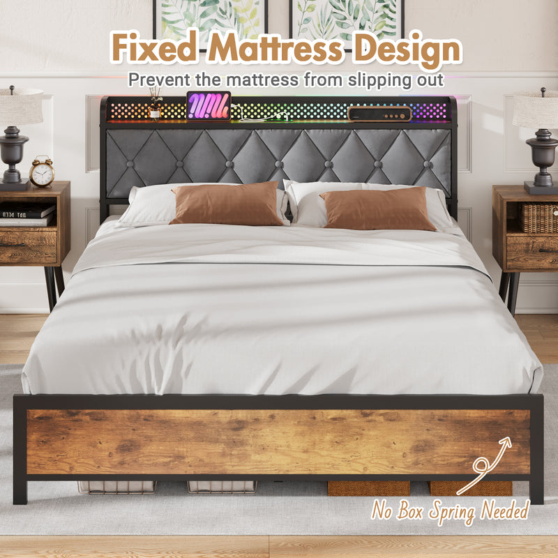 Advwin RGB LED Lights Bed Frame w/Charging Station