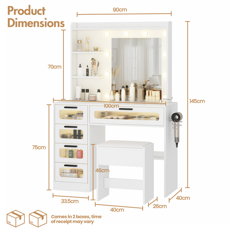 Advwin Dressing Table Stool Set with Glass Drawer