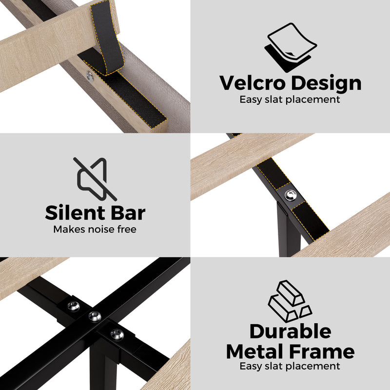 Collage of furniture components with Velcro Design, Silent Bar, and Durable Metal Frame logos on a white background.
