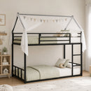 Advwin Metal House Bunk Bed Single Over Single with Guardrails