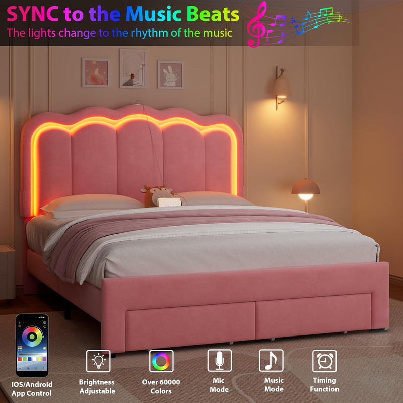 Advwin LED Bed Frame with Adjustable Headboard