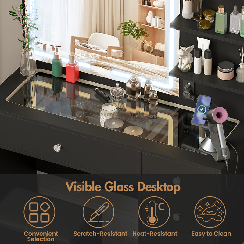 Advwin Dressing Table Stool Set Glass Tabletop Black