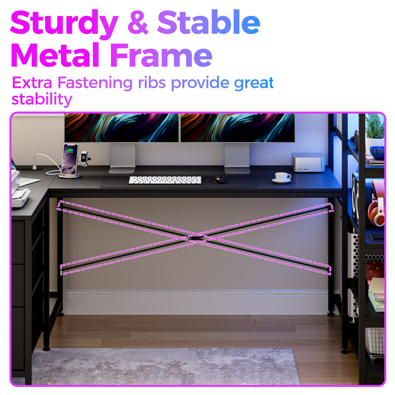 Advwin U Shaped Gaming Desk with LED Lights 164cm