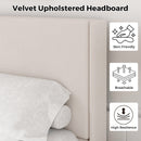 Beige velvet upholstered headboard with icons indicating skin-friendly, breathable, and high-resilience properties.