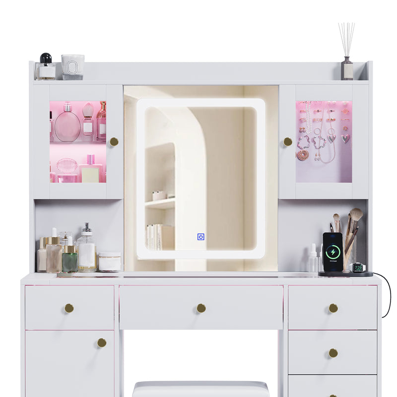Advwin Dressing Table Set w/ Glass Desktop LED Light