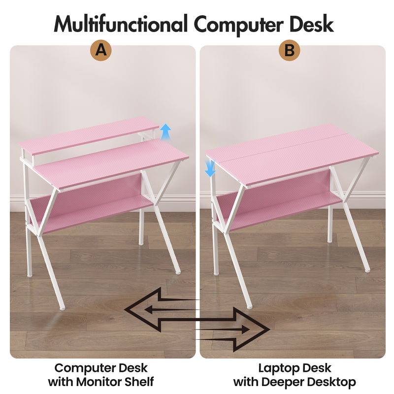 Advwin 80cm Computer Desk with Monitor Stand Pink