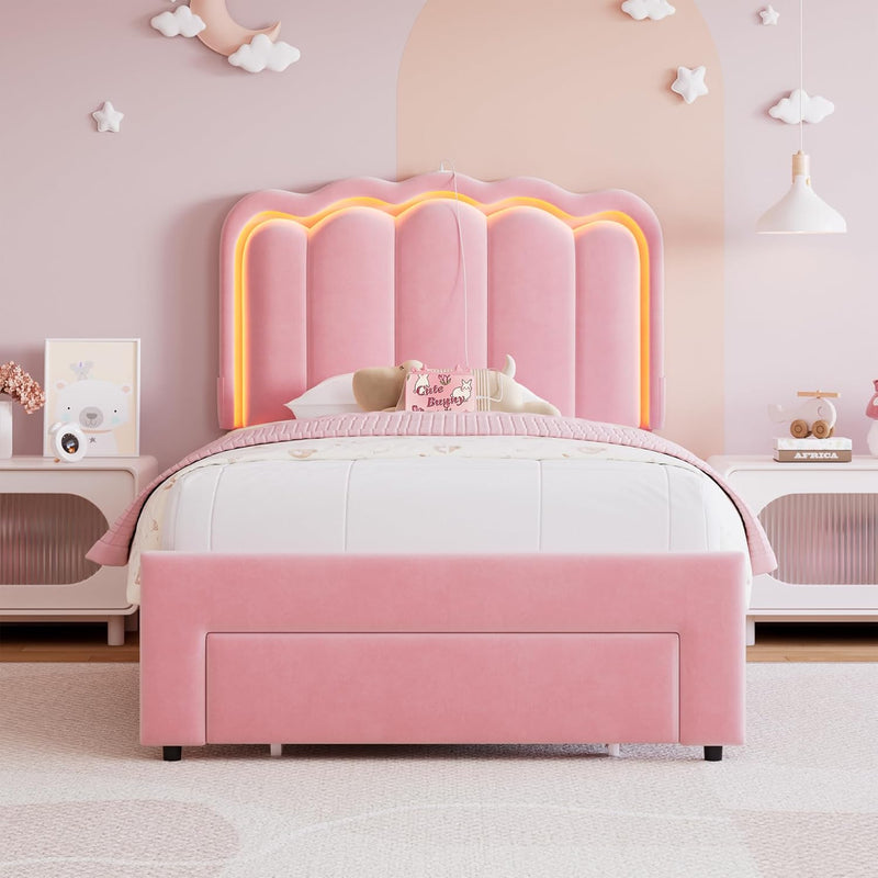 Advwin King Single LED Velvet Bed Frame Pink