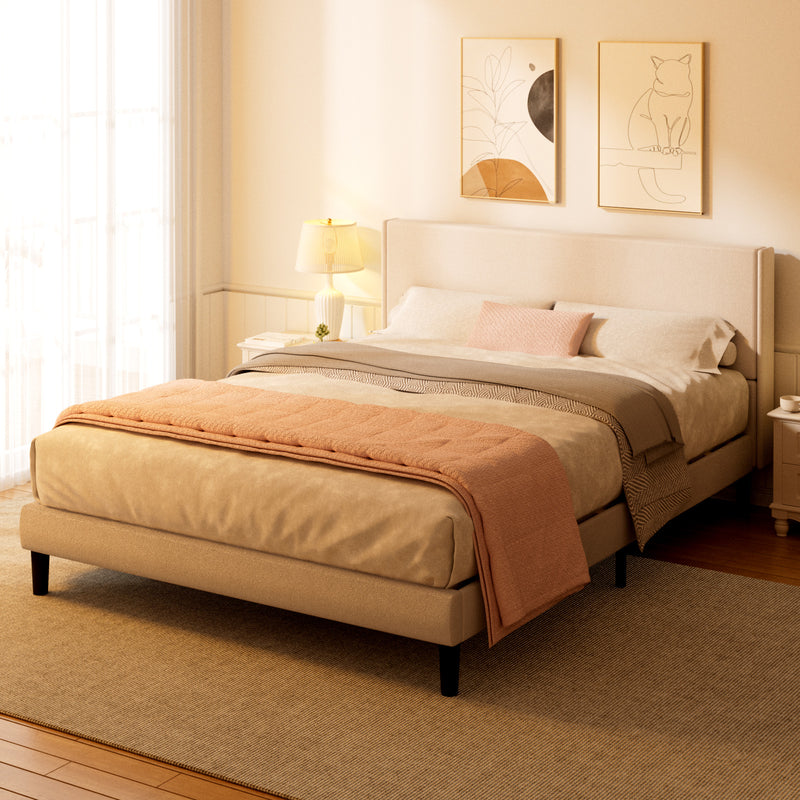 Advwin Bed Frame Mattress Base Upholstered Beige