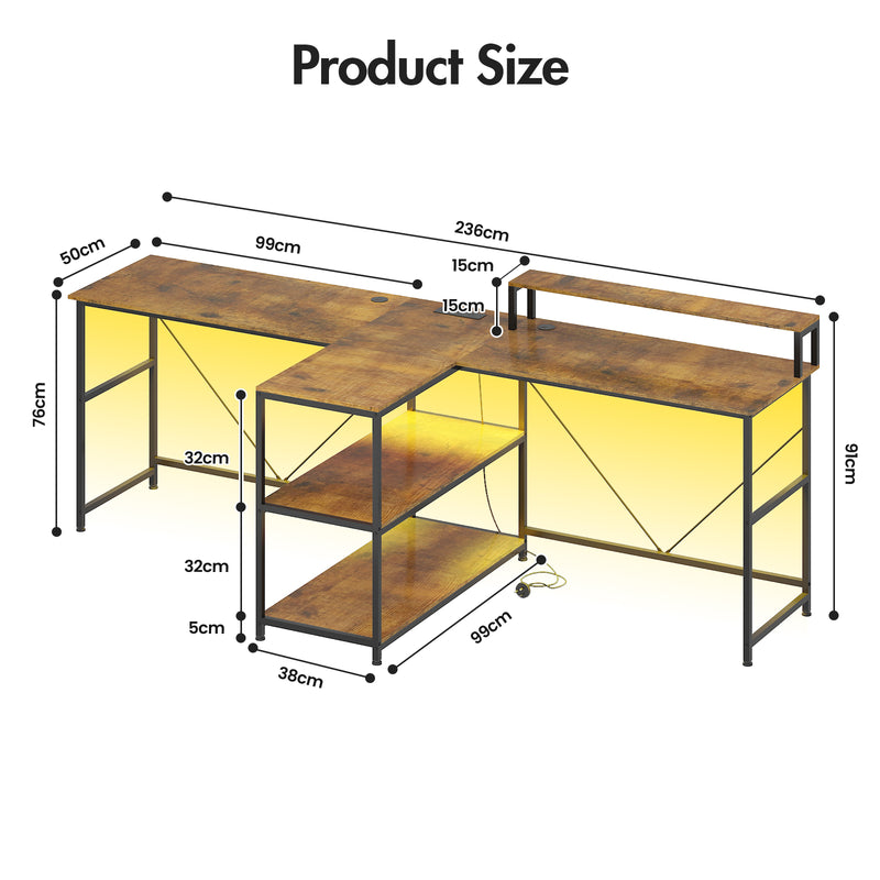 Advwin 236cm 2 Person LED Computer Desks w/ Power Outlets