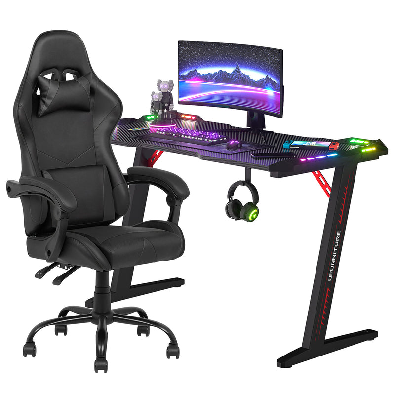 LED Light Gaming Desk & Gaming Chair Tilt 135° Black