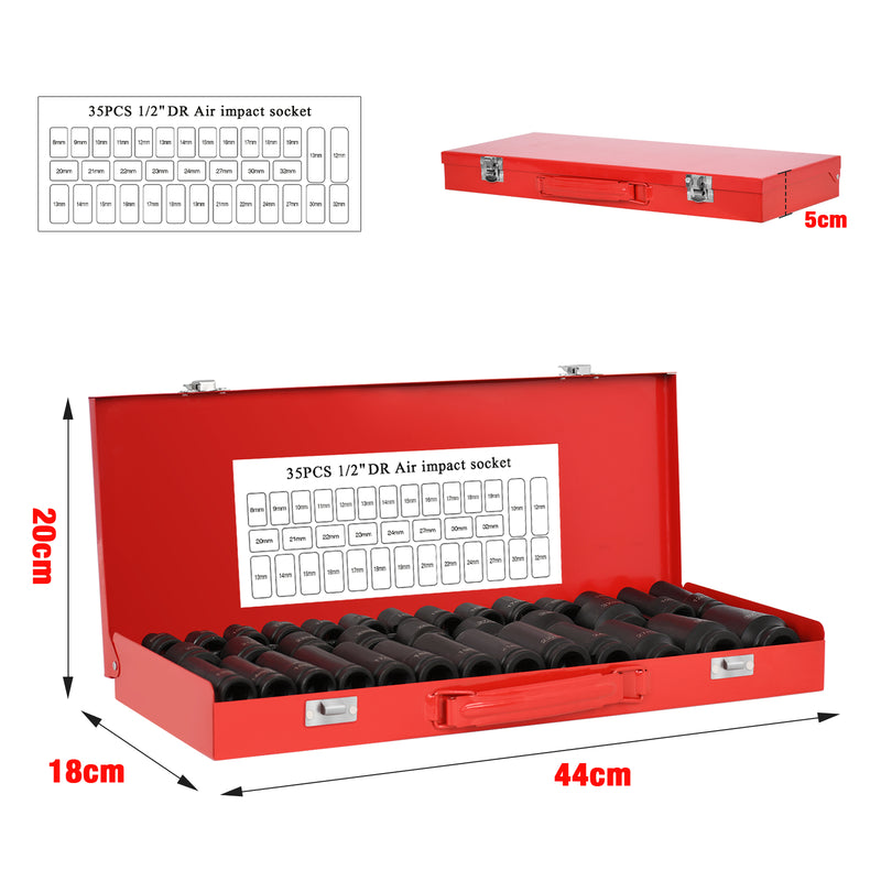 35PCS 1/2" Drive Deep Impact Sockets 8-32MM