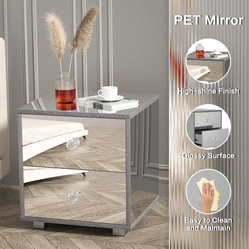 Advwin Mirrored Bedside Table 2 Drawers